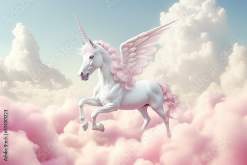 A white unicorn with candy cotton pink hair riding on pink clouds