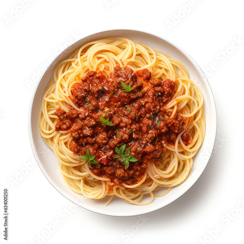 A white plate of delicious spaghetti bolognese on white background, generative ai