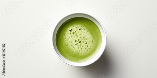 AI Generated. AI Generative. Asian japanese traditional hot matcha cup of green latte top view. Mock up background on table. Graphic Art