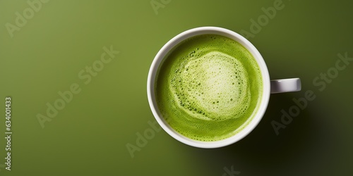 AI Generated. AI Generative. Asian japanese traditional hot matcha cup of green latte top view. Mock up background on table. Copy space for promotion text