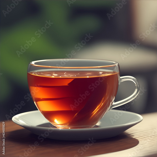  Tea to a glass cup on a wooden table with blur of green leave in background. Transparent cup of green tea on wooden table.