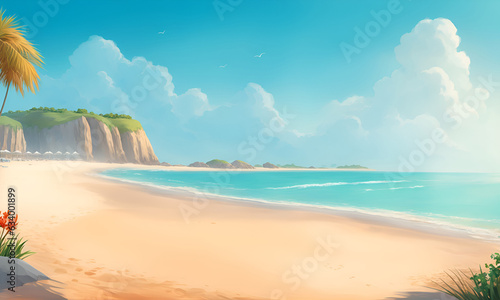 Wallpaper Mural Beach lanscape with palms, beach and sea. Cartoon style background of sea shore. Good sunny day. Tropical landscape of coast beautiful sea shore beach on good sunny day flat illustration. Torontodigital.ca