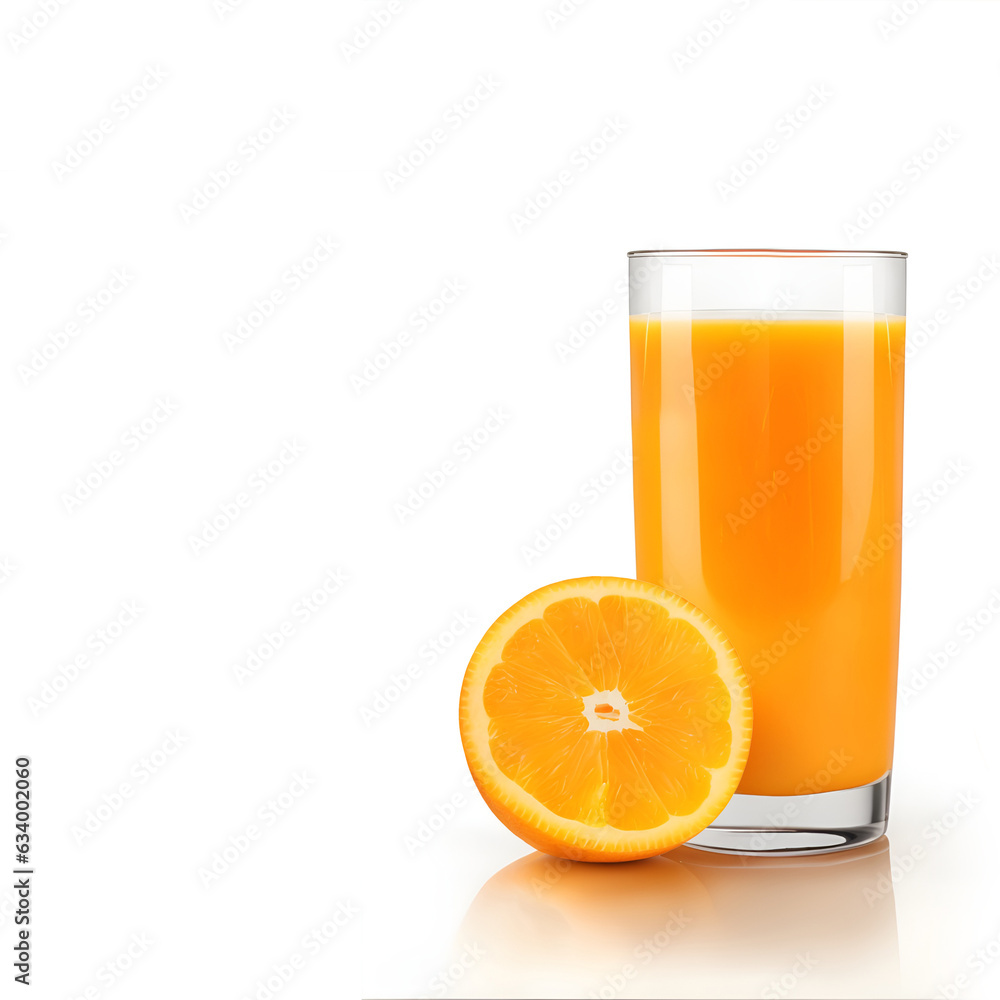 Glass of fruit juice on white background. Tall glass of orange juice with tube and orange with a slice. Natural fresh squeezed juice. Healthy diet. Orange juice in a glass and a slice of orange. Glass of fruit juice on white background. Tall glass of orange juice with tube and orange with a slice. Natural fresh squeezed juice. Healthy diet. Orange juice in a glass and a slice of orange.