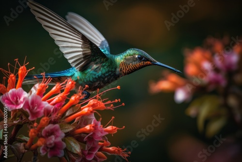 Hummingbird flying to pick up nectar from a beautiful flower. © Boris