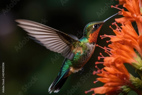Hummingbird hovering next to flowers. Flying hummingbird with green forest in background. Small colorful bird in flight.