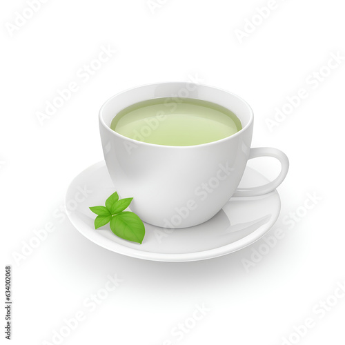 Cup of green tea with green leaves illustration. A teacup  isometric view isolated on white background. Realistic model cup of hot drink green tea. Realistic image of green cup of tea.