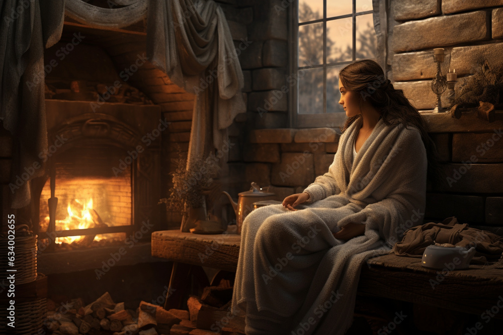 The woman sitting by a cozy fireplace, wrapped in a warm towel after a relaxing treatment 