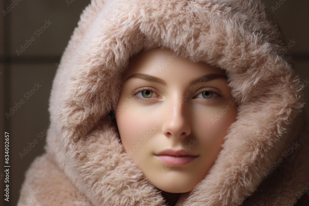 A soft and fluffy spa towel wrapped around the woman's head, preparing for a facial A soft and fluffy spa towel wrapped around the woman's head, preparing for a facial