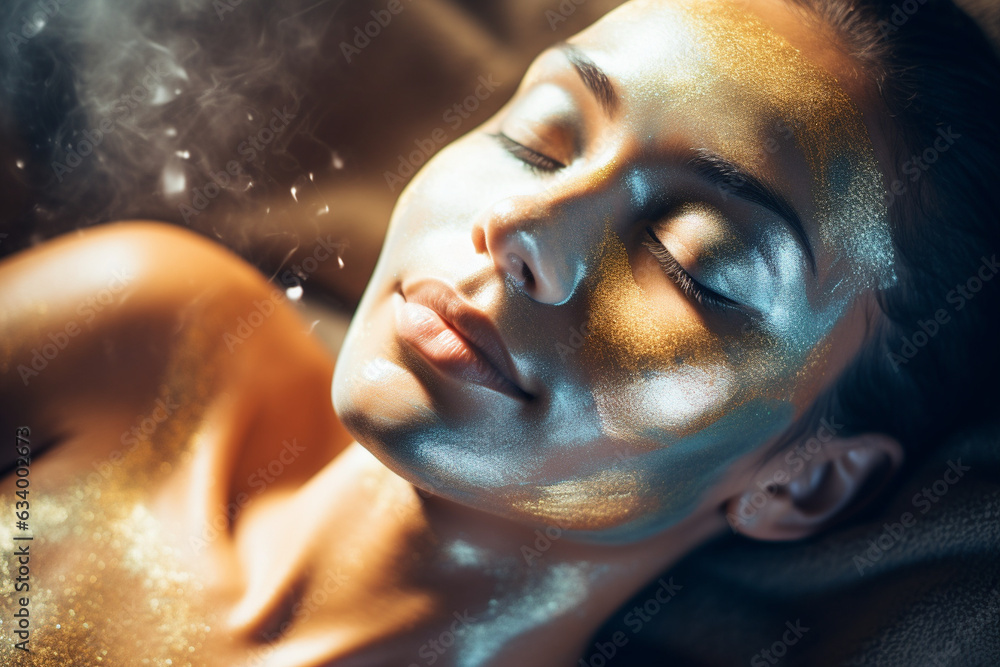 The woman's face glowing under the gentle glow of a spa facial mask, experiencing pure bliss  - obrazy, fototapety, plakaty 
