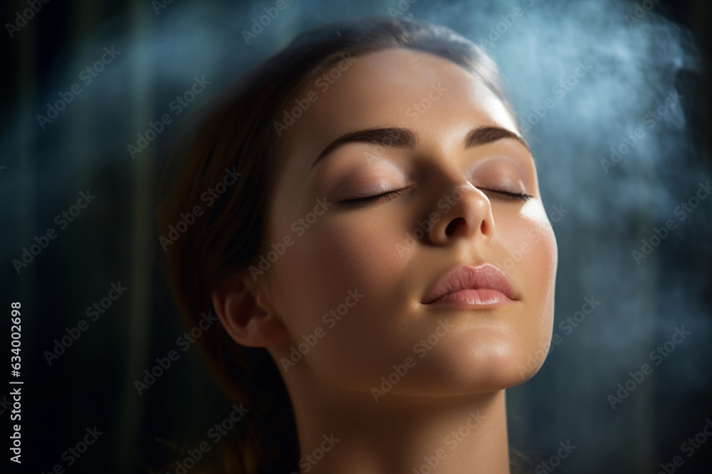 The woman's face radiating tranquility during a serene aromatherapy session at the spa The woman's face radiating tranquility during a serene aromatherapy session at the spa