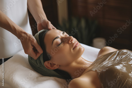 A skilled esthetician applying a nourishing body wrap to the woman, creating a serene atmosphere  photo