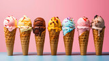 Set of various flavour of ice cream scoops in waffle cones with sprinkles decoration on bright background