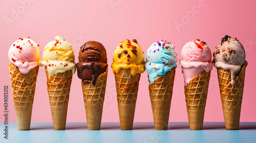 Set of various flavour of ice cream scoops in waffle cones with sprinkles decoration on bright background
