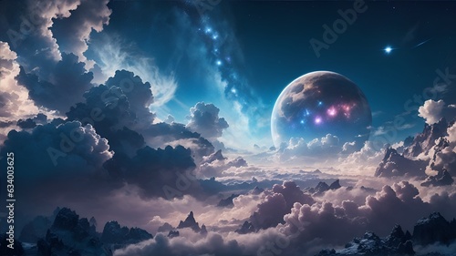 Fantasy realistic galaxy background with planets clouds and stars