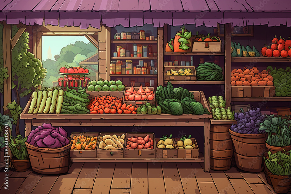 Food market game background, grocery store with fruits and vegetables, retro illustration for adventure or roleplay game design, 80s 90s style. Generative AI.