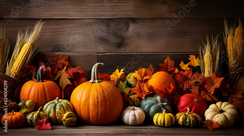 Thanksgiving background  Halloween  pumpkins and fallen leaves on wooden background. Copy space for text. 