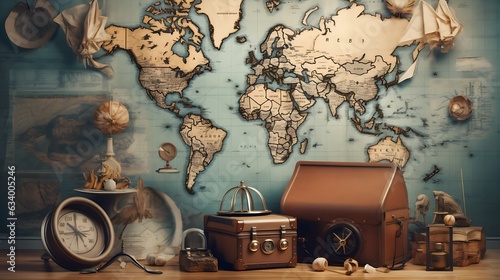 Education, Traveling and Intelligence Collage with Global Travel Theme, bulb, light, map, suitcase