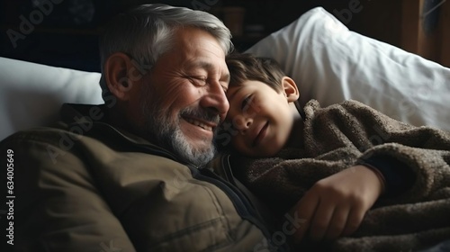 father take care his son recuperating in bed photo