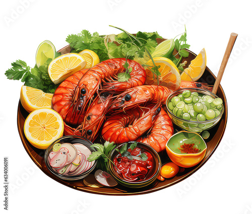 Summer Meal Fresh Seafood Delight - Delicious Shrimp and Prawn Feast, with herbs, lemons, corianders, and olives. Watercolor Illustration, Transparent Background | Generative AI photo