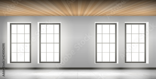modern empty room interior with four windows tiles floor wooden plank ceiling vector illustration