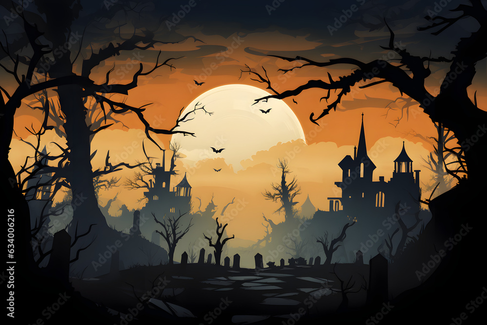 Halloween Silhouette Background with pumpkin, bat, castle and moonshine  - 2D Vector Art Illustration 