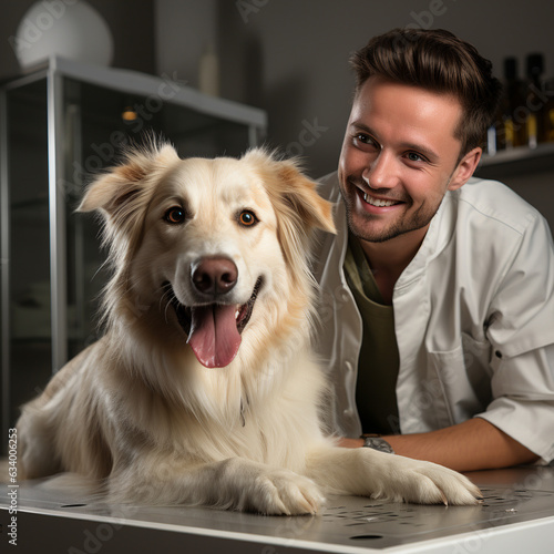 pet health checkup look happy vet doctor stroking smiling dog at veterinary clinic