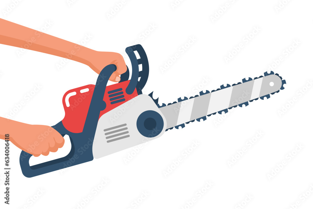 Chainsaw in a male hand isolated on a white background. The lumberjack holds a gasoline chain saw in hands. Ready to cut wood. Professional working instrument tool. Vector illustration flat design.