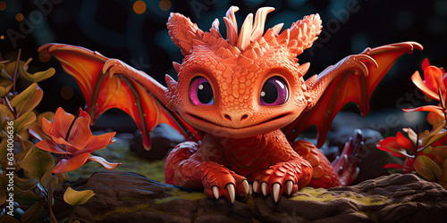 adorable baby dragon with red scales, wings, and horns.