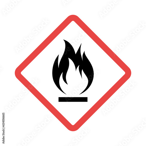 GHS - flammable. Hazard warning. Flammable icon. Black pictogram of fire in a red frame. Vector illustration flat design. Isolated on white background.