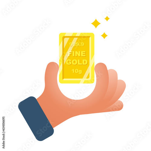 Gold bar in hand. Businesman hold fine gold bar. Vector illustration flat design. Isolated on white background.
