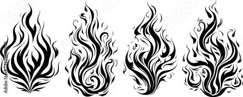 Fire isolated on a white. Flames silhouette for tattoo. Collection of images flaming illustration. Ai generated.