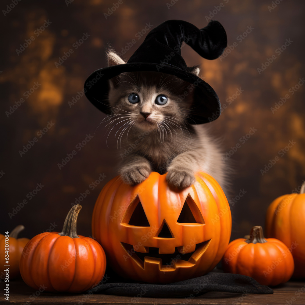 A cute black cat wearing a witch hat on background Halloween concept. A cute black cat wearing a witch hat on background Halloween concept.
