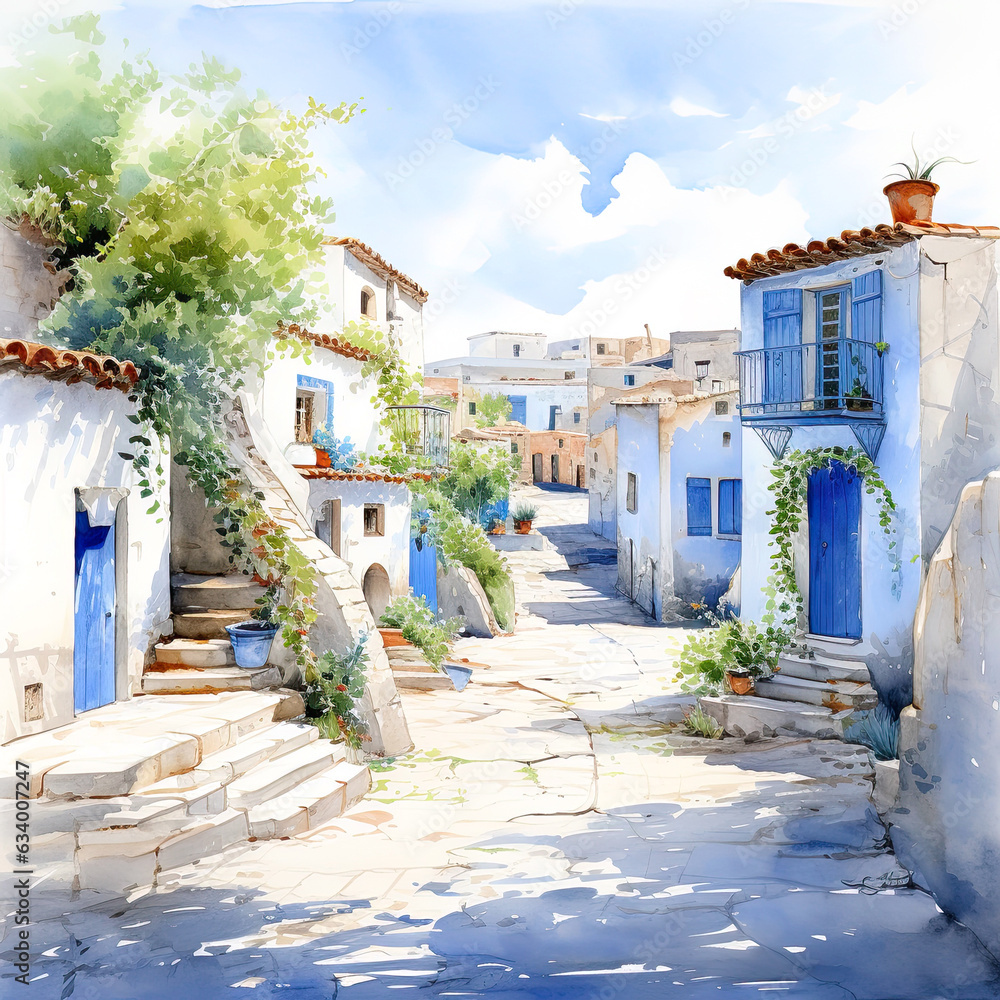Watercolour depiction of a Greek street in summer. Traditional blue and white architecture of Greece. Digital illustration.