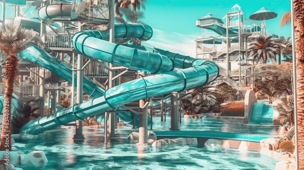 Water park with high slides. 3d illustration of a water park for ...