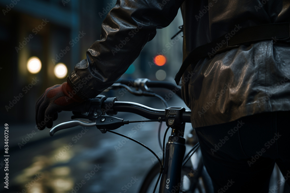 A close-up of the courier's hands firmly gripping the handlebars, guiding the bicycle through the streets 