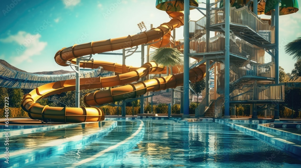 Water park with high slides. 3d illustration of a water park for