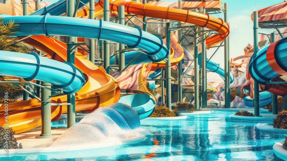 Water park with high slides. 3d illustration of a water park for