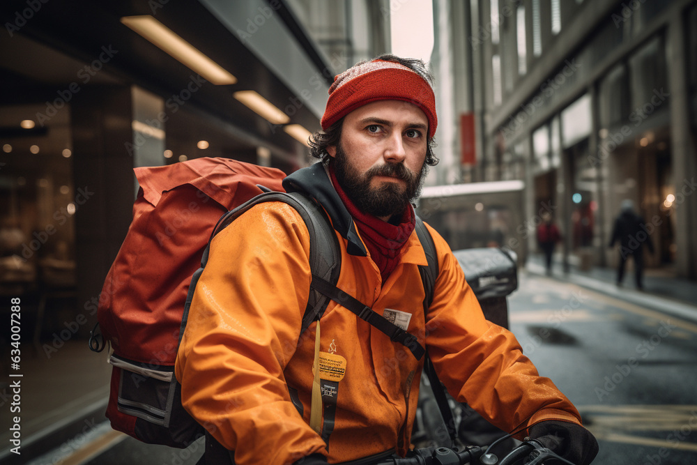Obraz premium A close-up portrait of the courier on a bicycle, their determined expression reflecting their commitment to timely deliveries