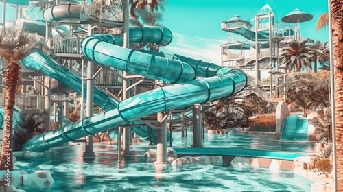 Water park with high slides. 3d illustration of a water park for children and adults. Water entertainment. Water slides and attractions. Generative ai.