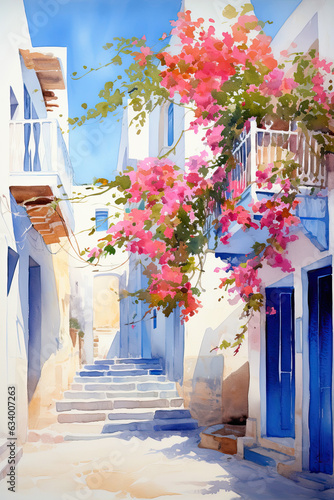 Watercolour depiction of a Greek street in summer. Traditional blue and white architecture of Greece. Digital illustration.