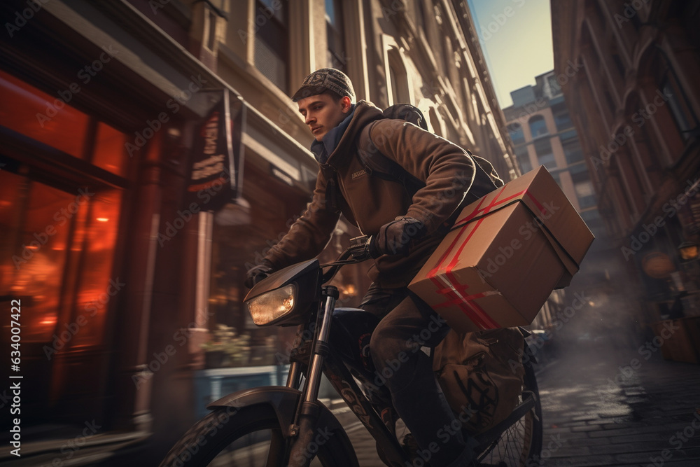 A dynamic shot of the courier skillfully navigating a busy urban square, parcels organized for efficiency A dynamic shot of the courier skillfully navigating a busy urban square, parcels organized for efficiency