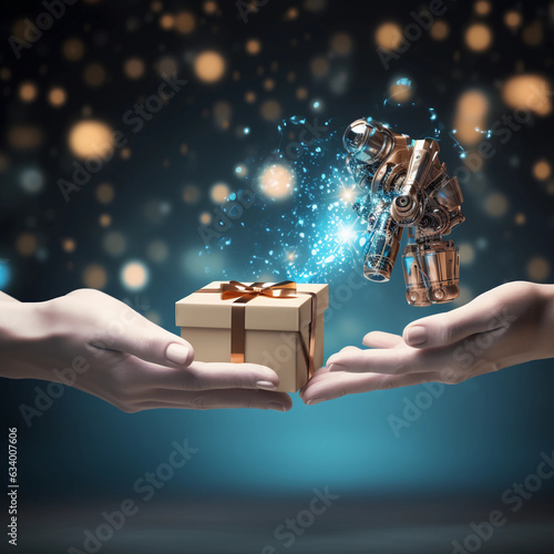 The robot holding gift boxes, Gifts of science and technology, artificial intelligence, innovation for the future. Futuristic happiness moment, Machine learning. Generative AI.
