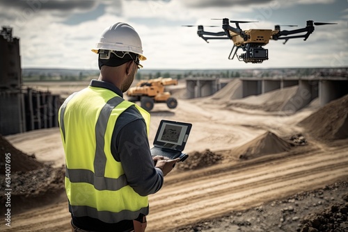 A person controlling a drone to survey a construction site. Generative AI