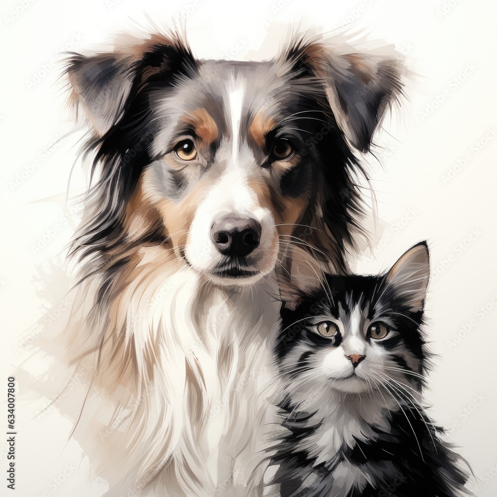 Cat and dog illustration banner. Pets art, banner, print. Veterinary clinic sign, logo. Pet shop logo. Vitamins and medicines for pets, vaccination, veterinary passport, diagnostics. Generative ai