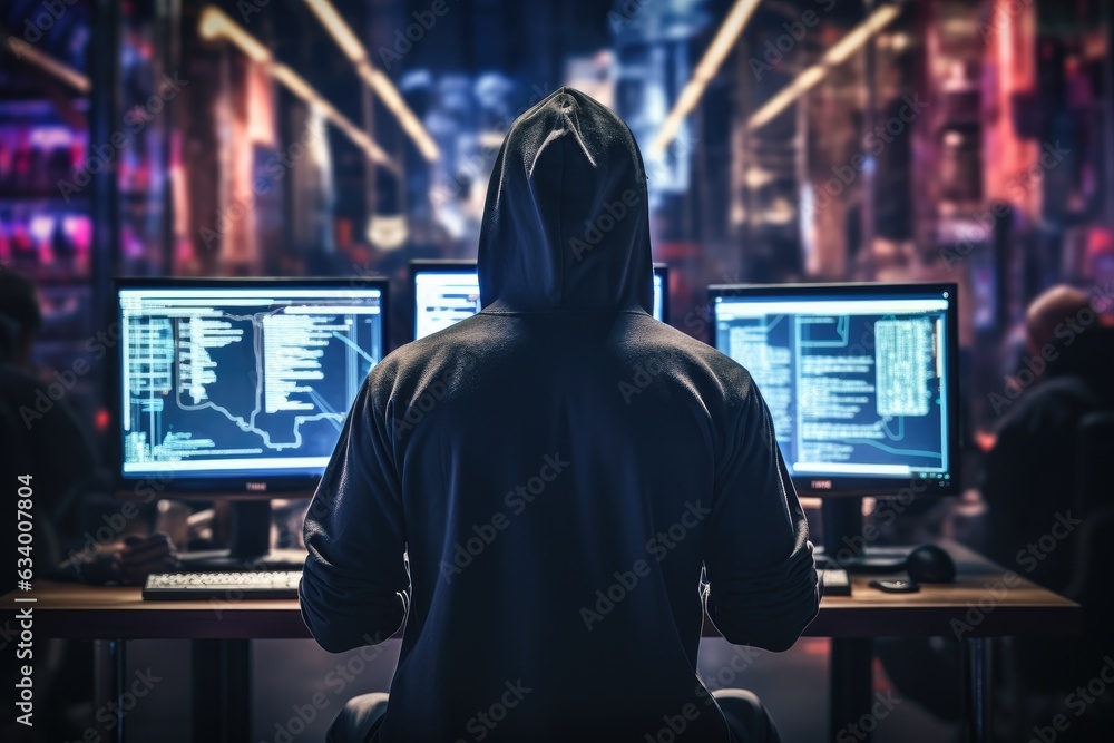 Back view of hacker in dark blue light room Back view of hacker in dark blue light room