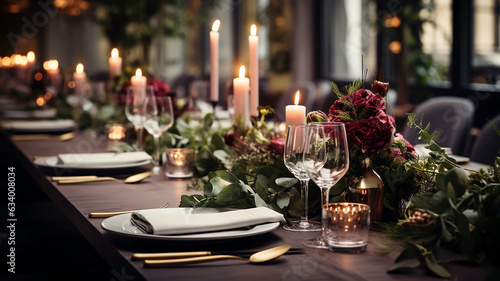 Elegant and select wedding decoration restaurant table Wine Glass and appetizers, on the bar table Soft light and romantic atmosphere dinner service menue guests candle