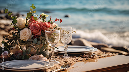 Elegant and select wedding decoration restaurant table on beach bohemian style Wine Glass on the table Soft light and romantic atmosphere dinner service menu guests candle