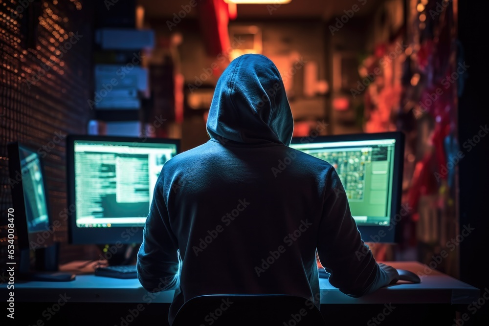 Back view of hacker in dark blue light room Back view of hacker in dark blue light room
