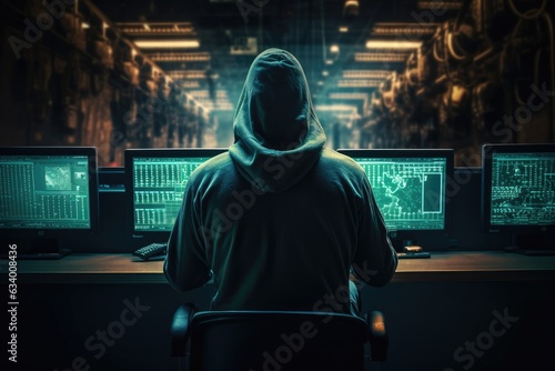 Back view of hacker in dark blue light room