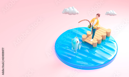 Isolated Man Fishing. 3D Illustration